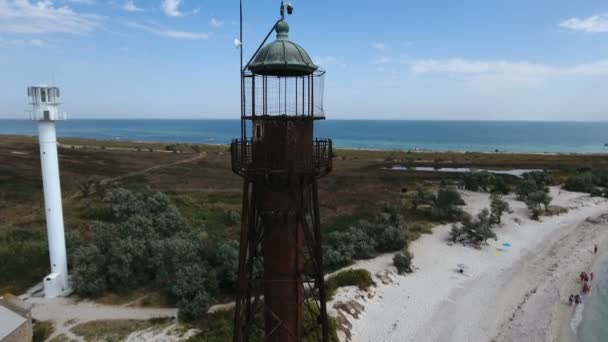 Aerial shot of a retro looking border tower on Dzharylhach island in summer — Stock Video