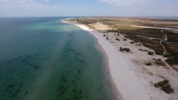 Aerial shot of Dzharylhach island with its straight sandy shore and wetland — Stock Video