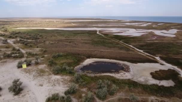 Повітряний постріл Dzharylhach острів з плямами зелені, озер і пісок областях — стокове відео