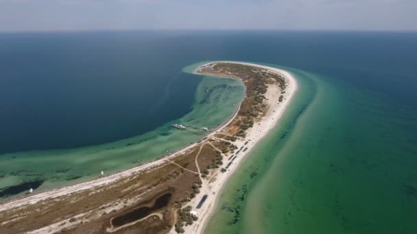 Tiro aéreo de un dragón que mira la costa de la isla de Dzarylhach con hierba verde — Vídeo de stock
