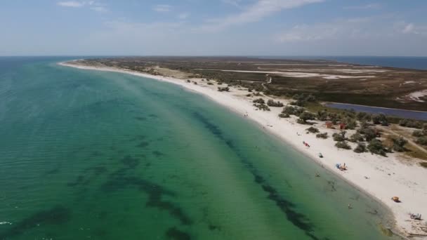 Luchtfoto van de Zwarte Zee shoal op Dzharylhach eiland met veelkleurige onkruid — Stockvideo