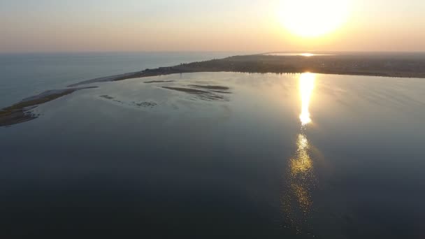 Aerial shot of the narrow spit covered with bulrush and weeds at sunset — Stock Video