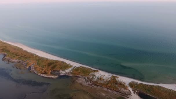 Toma aérea de escupida estrecha arena de Dzharylhach isla con malas hierbas marrones en verano — Vídeos de Stock