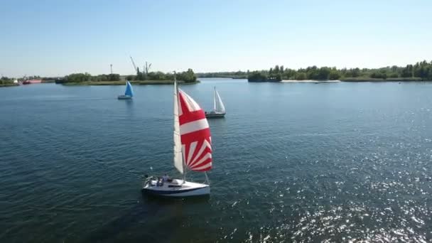 Nikolaev, Ukraina - 16. syyskuuta 2017: Aerial shot of a white yacht with red and white seils floating in the Dnipro — kuvapankkivideo