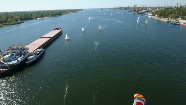Antenn skott av en regatta med en många båtar som seglar i Dnipro i sommar — Stockvideo