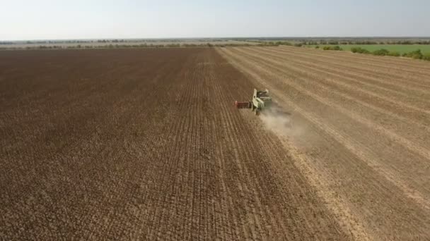 A high flying drone chasing a modern combine harvester raking sunflower. — Stock Video