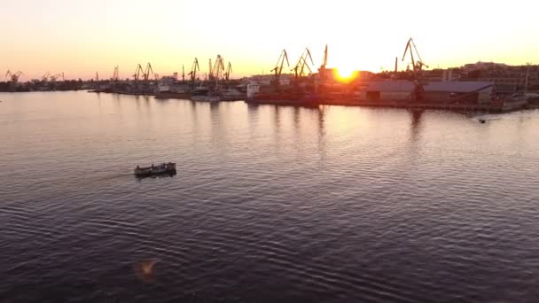 Aerial Shot Dnipro Motorboats River Port Embankment Sunset Exciting View — Stock Video