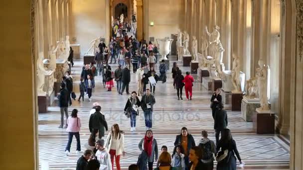 2017年11月3日 卢浮宫内部大厅的惊人的看法以希腊 罗马和法国起源的高滑稽数字 游客们都很迷人 — 图库视频影像