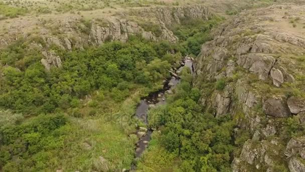 Загадкова Подання Вузькі Чорна Річка Протікає Серед Великі Камені Валуни — стокове відео