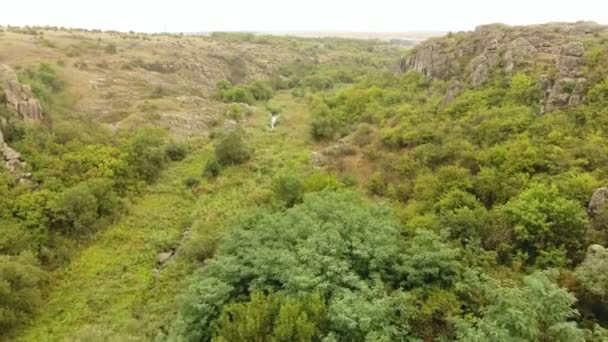 見事な鳥の目のビューの岩の多い峡谷とそれの下に緑の谷夏の晴れた日に薮および木を覆われて — ストック動画