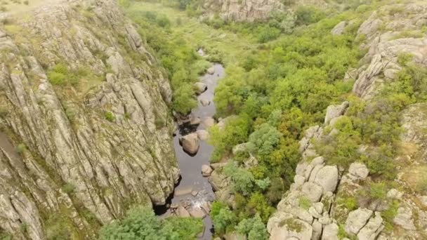 夏の晴れた日に岩や水のいくつかの狭い流れの中で大まかな深い峡谷の素晴らしい鳥の目のビュー — ストック動画