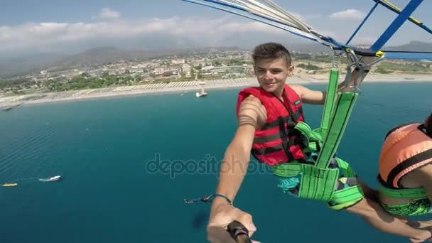 Optimistic View Two Boys Flying Turkish Resort Multicolored Parachute Dragged — Stock Video