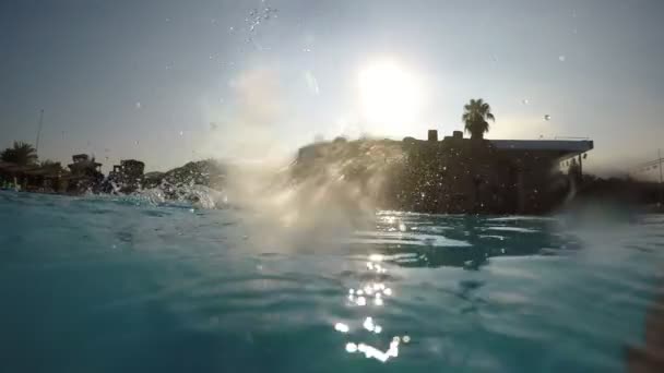 Cheery View Jolly Woman Jumping Feet First Blue Waters Mediterranean — Stock Video