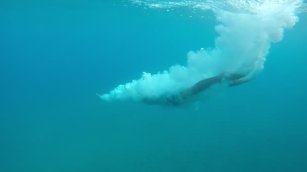 Inspiring View Young Man Plunging Mediterranean Sea Sunny Day Summer — Stock Video