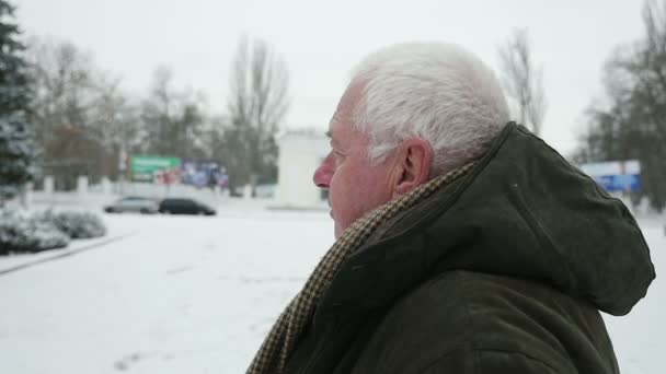 Senior Grey Headed Man Turns Cameraman Smiles Outdoors Winter Impressive — Stock Video