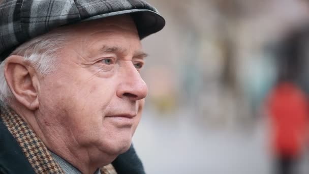 Klok Grå Man Ull Flat Cap Står Profil Gränd Höst — Stockvideo