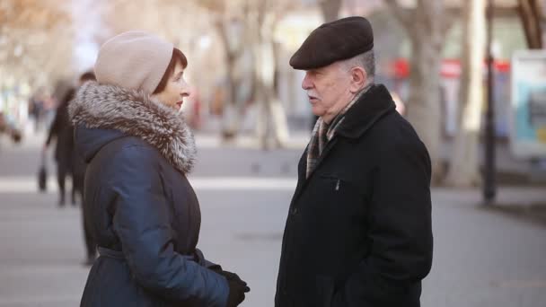Anciano Sabio Habla Con Una Mujer Morena Elegante Callejón Del — Vídeo de stock