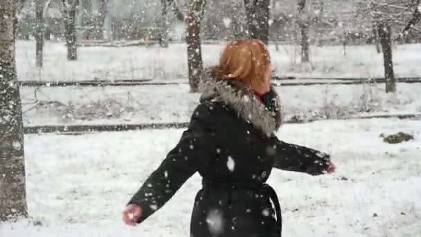 Uma Mulher Feliz Vira Belo Parque Sob Queda Neve Inverno — Vídeo de Stock