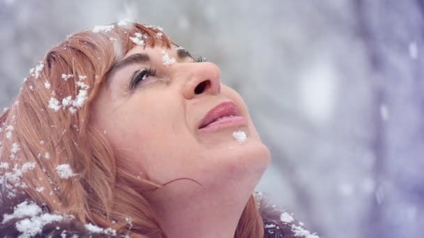 一个浪漫的女人微笑着 在冬天的公园里看着大雪 一个穿着优雅毛皮大衣的梦中女人的特写镜头 她站在飘落的雪花下 在一个冬天的灿烂的公园里看着 — 图库视频影像