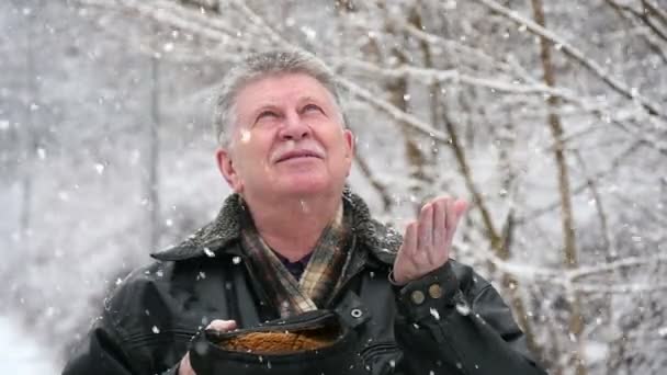 Uomo Dai Capelli Grigi Sta Sotto Fiocchi Neve Alza Sguardo — Video Stock