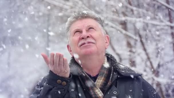 Uomo Anziano Sta Sotto Fiocchi Neve Alza Sguardo Sorprende Parco — Video Stock