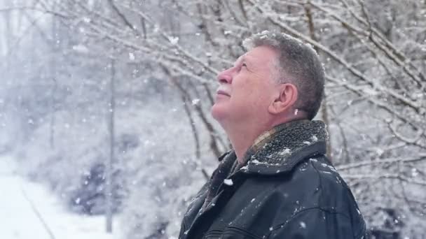 一位资深男士站在大雪下 在冬天的公园里看着一个有着白色 Mustashe 的智者的光辉轮廓 他在冬天的一个下雪的公园里站着 他看着公园里飘落的雪花 — 图库视频影像
