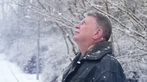 Uomo Anziano Sta Sotto Pesanti Fiocchi Neve Alza Sguardo Parco — Video Stock