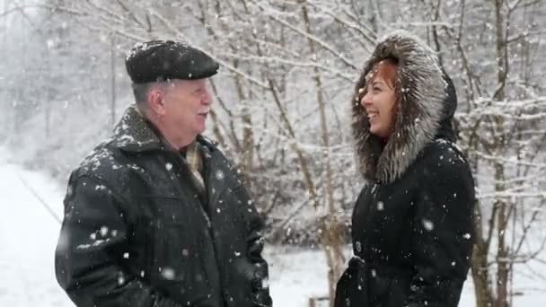 Счастливый Отец Улыбается Разговаривает Своей Веселой Дочерью Снежном Парке Зимой — стоковое видео