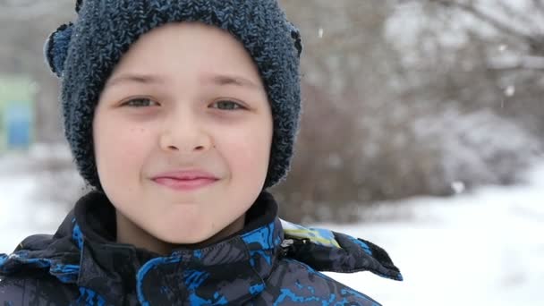 一个快乐的男孩在一个滑稽的针织帽子微笑在一个下雪的公园在冬天一个开朗的看法一个小男孩在针织帽子与球和蓝色外套 他站在一个下雪的公园里 微笑着 — 图库视频影像