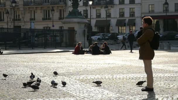 2017年11月3日 一大群灰鸽在巴黎一条古老的鹅卵石街吃谷物的鼓舞人心的看法 一个年轻人在秋天喂他们斯洛伐克 — 图库视频影像