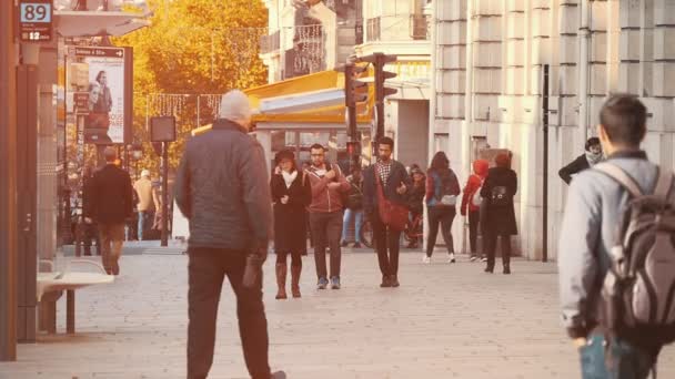 フランス 2017 スローモーションの秋パリで絵のような通りは観光客の感動的な眺め Shopcases を見てください — ストック動画