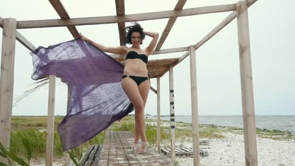 Brunetka Kobieta Bikini Stoi Pareo Ręce Nad Morzem Slo Imponujący — Wideo stockowe