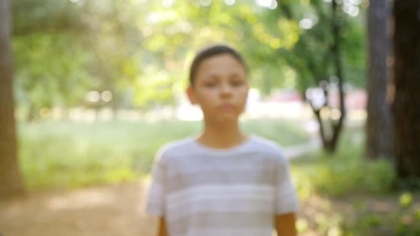小さな男の子はスローモーションで夏に美しい公園に立っている思いやりのある 年間少年の観点からズーム緑豊かな公園の歩道でスローモーションで日没に立っています 彼は白とグレーの シャツに — ストック動画