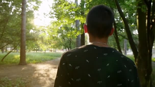 运动的年轻人沿着小径到一个公园的日出在斯洛伐克 莫一个惊人的看法 闪闪发光的日出和一个年轻英俊的男子走向太阳通过一个灿烂的公园夏天在慢动作 — 图库视频影像