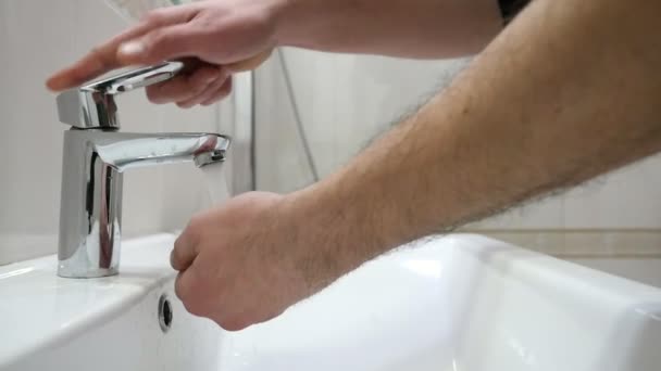 Middle Aged Man Washes His Hands Stainless Steel Faucet Slow — Stock Video