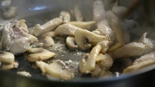 Flavourous Dish Sliced Meat White Mushrooms Mixed Spatula Sapid Closeup — Stock Video
