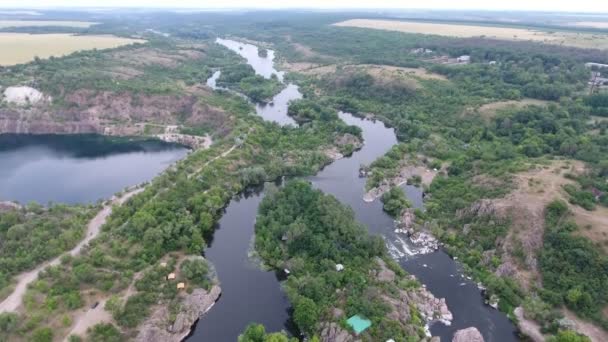 Tiro Aéreo Rio Dnipro Com Entradas Ilhotas Pântanos Casas Campo — Vídeo de Stock