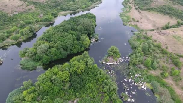 Légi Felvétel Dnipro River Beáramlás Szigetecske Nyáron Gyönyörű Madártávlatból Dnipro — Stock videók