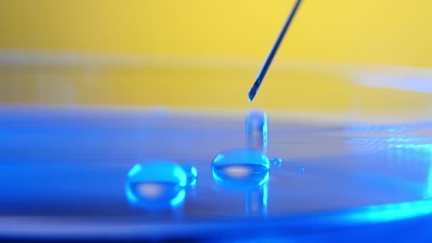 小银点从一个金属针落在一个玻璃区域在一个化学实验室的一个小银斑点从一个金属针滴在实验室黄色背景的蓝色玻璃表面的宏观拍摄 — 图库视频影像