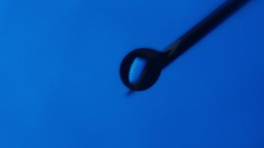 Su parlak blobs yatık bir iğne ucu üzerinde büyümeye ve bir laboratuarda düşmek. İğne ucunda görünen su parlayan şaşırtıcı bir makro bırakır. Mavi bir laboratuvarda parlak boncuk gibi buraya gelirlerse.