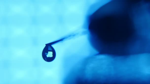 Gotas Limpias Agua Caen Una Aguja Jeringa Laboratorio Médico Azul — Vídeos de Stock