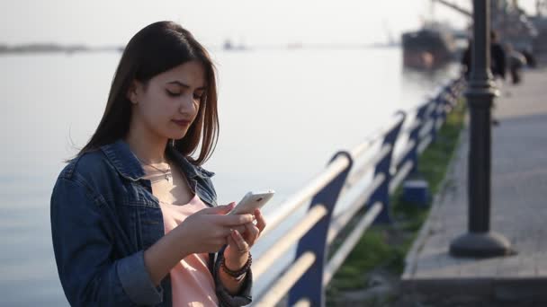 Stylisches Mädchen Steht Einer Leitplanke Dnipro Ufer Und Ruft Einem — Stockvideo