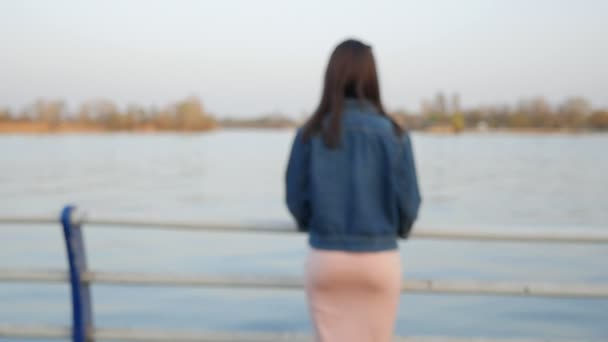 Beautiful Girl Looks Dnipro Turns Spring Slow Motion Back View — Stock Video