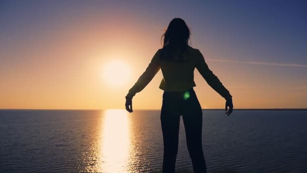 精神女孩站立和举起手在黑海海岸在日落后面看一个女人在爱举起手作为鸟在黑海海滩和梦见她的爱在日落与太阳路在夏天 — 图库视频影像