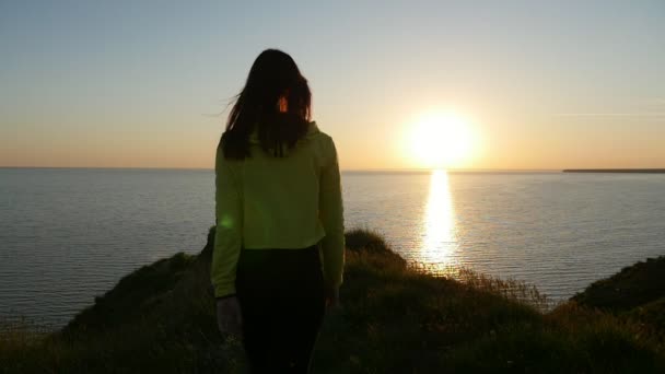 Stylish Woman Stands Black Sea Coast Looks Nice Sunset Back — Stock Video
