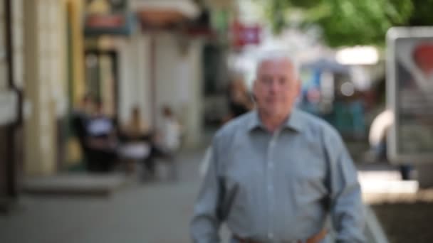 Alegre Hombre Cabeza Gris Una Calle Verde Día Soleado Verano — Vídeo de stock