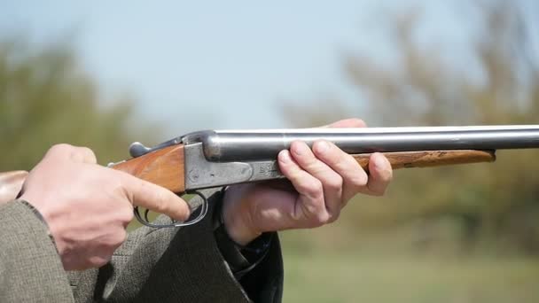 Impressive Skeet Shooting Green Range Sunny Day Summer Closeup Rifleman — Stock Video