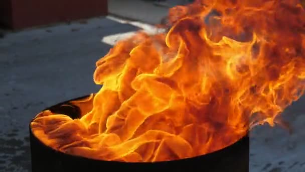 Foc Înalt Roșu Portocaliu Limbi Joc Peste Cadă Neagră Aer — Videoclip de stoc