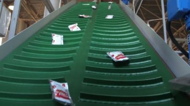 Bir domates işleme fabrikasında domates işleme hattında hareket eden ketçap paketlerinin çoğu kapalı bir domates işleme tesisinde yeşil bir konveyör hattında hareket halindedir. İlham verici, endüstriyel ve neşeli görünüyor..