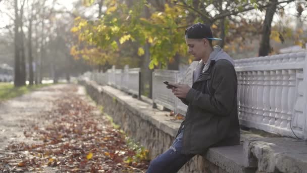 秋にはネットサーフィンをしながら石のパラペットに座っている陽気な若者キャップとフード付きの若いブルネットの男の印象的な景色石のパラペットに座って 秋に葉が落ちている木でネットを閲覧 — ストック動画